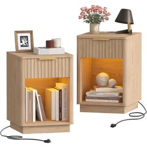 Akxomel Fluted Nightstands Set of 2, Wooden Night Stand with Charging Station and LED Light, Modern Mid Century Bed Side End Table with Drawer, 15" D x 15.7" W x 22.6" H, for Bedroom, Natural Oak