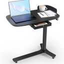 Rolling Adjustable Height Desk with Drawer and Wheels, Portable Small Standing Desk Pneumatic for Home Office, Mobile Computer Laptop Cart, Medical Sofa Overbed Table, Black (30x18 in)