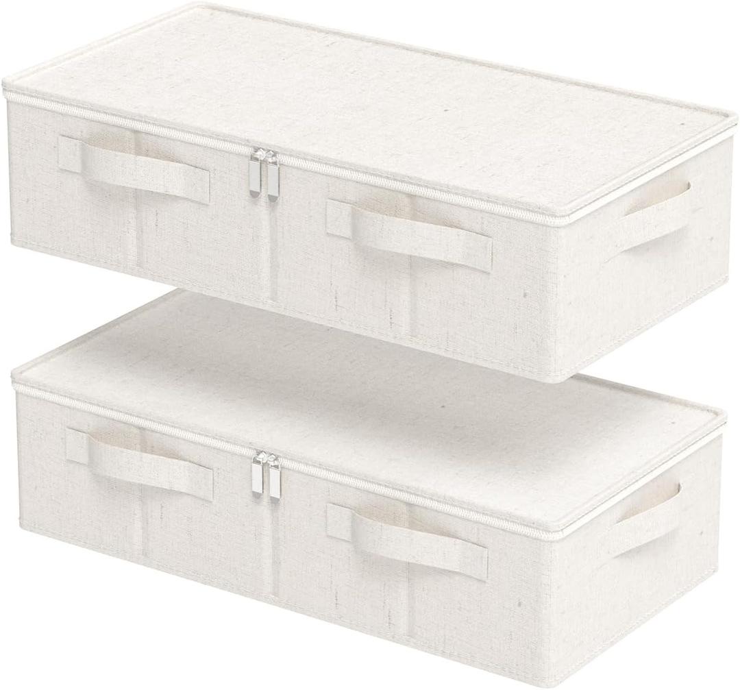 Underbed Storage Container, Foldable Under Bed Bins, Wardrobe Organizers with Lid for Organizing Clothes, Sheets, Blankets, Comforter, 23.6x11.8x5.9in, Beige, 2 Pack