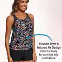 Women Blouson Tankini Swimsuit with Shorts - 2 Piece Tummy Control Bathing Suit Modest Mesh Racerback Top with Pockets 2026 (Black, L)