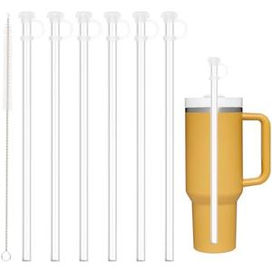 Replacement Straw with Cover Cap for Stanley Cup 40 oz 30 oz 64oz Tumbler, 6PCS Reusable Long Clear Straw with Toppers for Stanley Cup Accessories, Dishwasher Safe, BPA Free, Set of 5