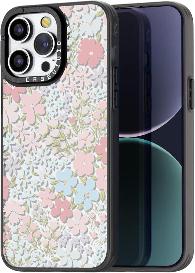 casevivid Compatible for iPhone 16 Case Cute Aesthetic - Durable Fashion Funny Phone Case - Girly Pink Spring Pattern Print Cover Design Black