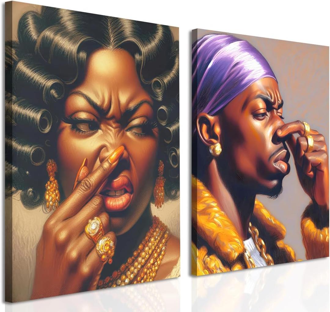 Funny African American Bathroom Wall Art Set of 2, Black People Wall Decor Paintings, Funky Men and Women Pinch Nose Poster Canvas Prints Pictures 12x16 inch Framed