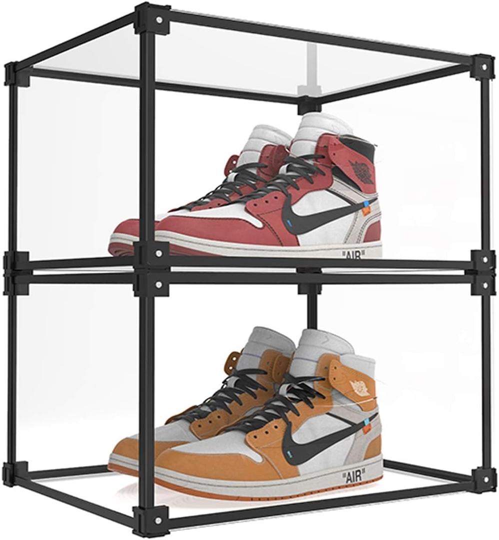 Magnetic Side Open Transparent Plastic Storage Shoe Box Clear Shoe Display Case Sneaker Shoe Storage Box Display Box Shoe Container Clear Closet Shelf Shoe Organizer Container (Black 2PC) (Black Aluminum Frame)