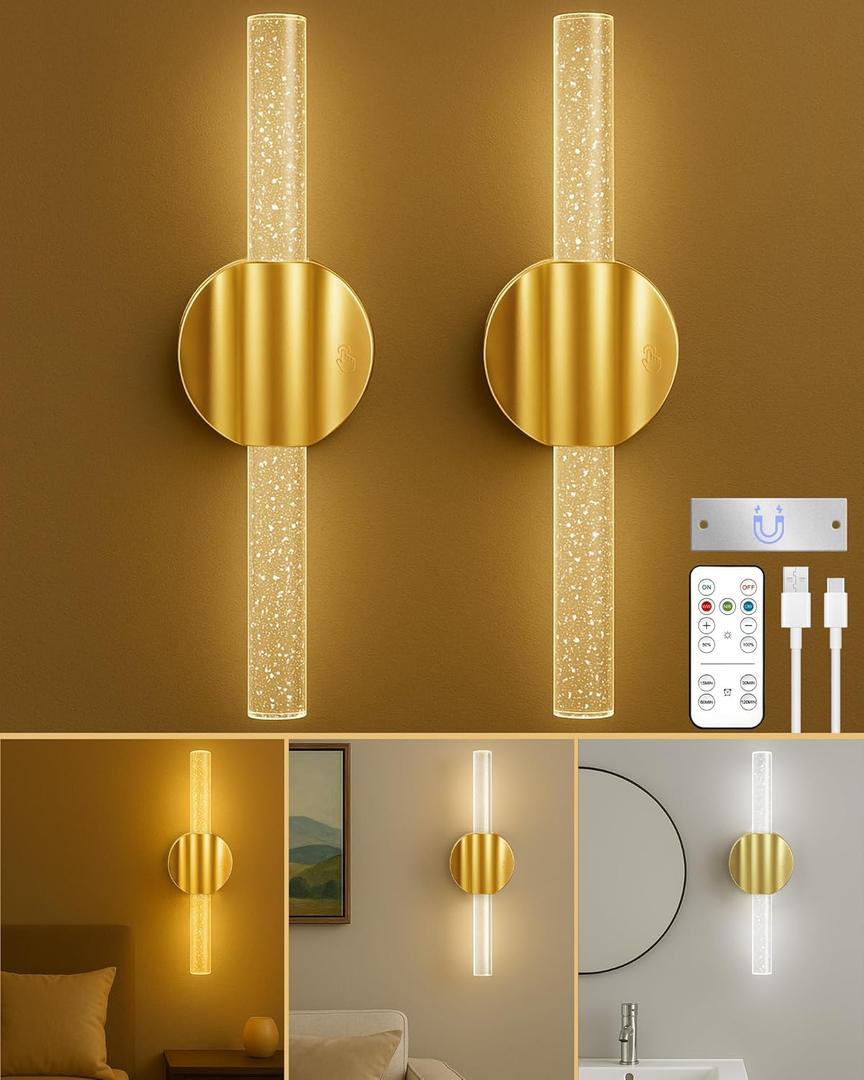 Rechargeable Wall Sconces Set of 2, Gold Wireless Magnetic Battery Operated Wall Lights with Remote & Touch Control, Dimmable Cordless Wall Lamps for Bedroom Living Room Bathroom Decor