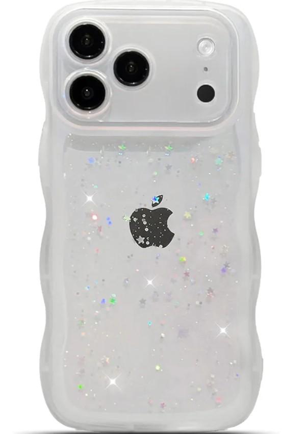 for iPhone 17 Pro Max Case 6.9" Cute Kawaii Curly Wavy Bling Glitter Star Shiny Sparkle Clear Transparent Camera Lens Protection Soft Shockproof Aesthetic Phone Cover for Women (White)