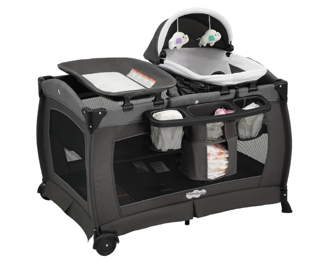 Pamo Babe Pack and Play 4-in-1 Baby Playard with Bassinet & Changing Table, Foldable Portable Playpen with Mattress, Travel Crib for Newborn to Toddler 0-36M-Black