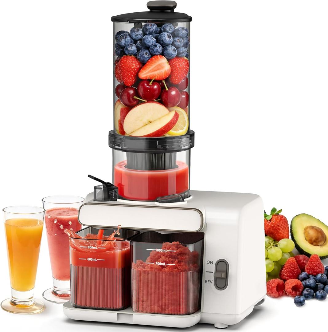Cold Press Juicer, 99% Juice Yield, 5.4" Wide Feed Chute, 200W Quiet Motor, BPA Free, Automatic Pulp Separation, Slow Masticating Juicer Machine for Whole Fruits & Vegetables, Easy to Clean & Assemble
