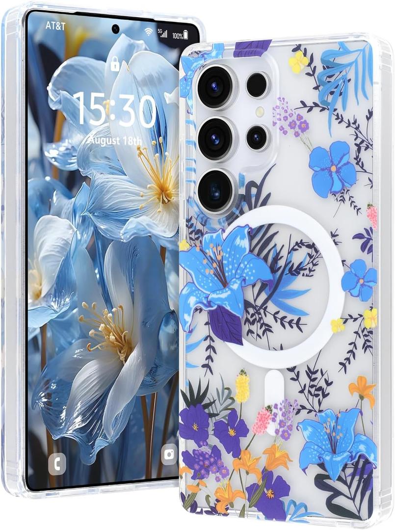 AIGOMARA Magnetic for Samsung Galaxy S25 Ultra Case [Compatible with MagSafe] Clear Floral Flower Pattern Design, Slim Anti-Yellowing Shockproof Phone Cover for Women Girls, Blue