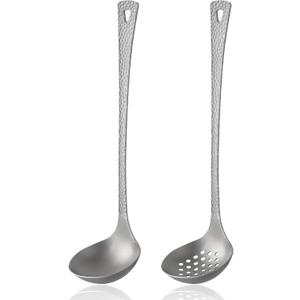 Titanium Soup Ladle Set, Reusable Metal Hot Pot Ladle with Slotted Spoon, Fish Scale Texture Design for Stirring & Serving Soup, 2-Piece Kitchen Utensils (10.4 Inch)