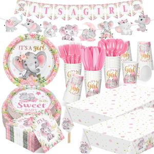 Yiyiring 405 Pcs Pink Elephant Themed Baby Shower Tableware Set It's a Girl Pink Elephant Decoration Baby Shower Plates and Napkins Birthday Supplies Include Tablecloth Banner Cup for 50 Guests