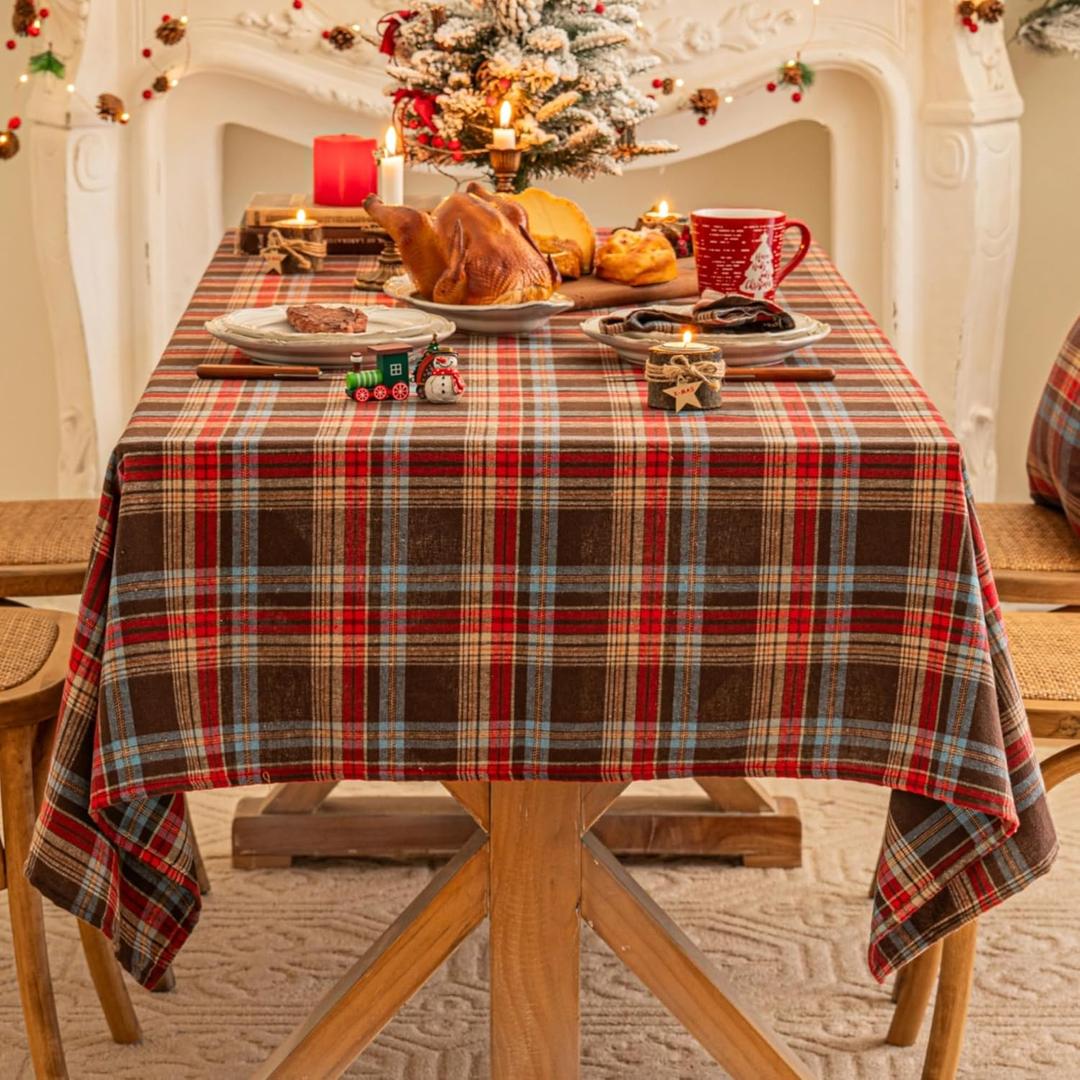 AQOTHES Red Brown Plaid Christmas Tablecloth 60x84, Tartan Table Cloth Decorations, Winter Holiday Tablecloths for Rectangle Tables Parties Dining Farmhouse Kitchen Decor