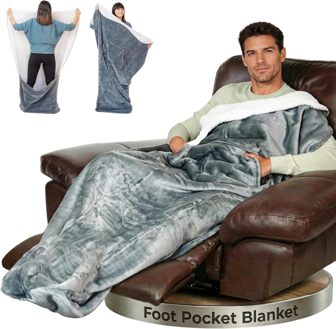 EzrAllora Premium Double Layer Foot Pocket Blanket -Patent Pending- Gamer Gift for Men Who Have Everything - Useful Gifts for Men Who Want Nothing (Double Layer, Silver Grey)