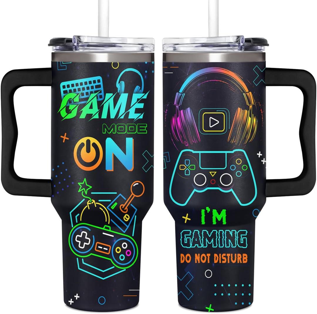 Gamer Gifts for Men from Daughter, Son, Kids, Wife - 40oz Game Tumbler With Handle and straw for Father's Day, Christmas, Birthday, Valentines Day - 40 oz Stainless Steel Tumbler for Gaming Men