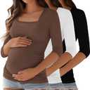 Ficerd 3 Pack Cotton Maternity Top 3/4 Sleeve Basic Square Neck Maternity T Shirt Ruched Pregnancy Blouse (Small, Black, White, Coffee)