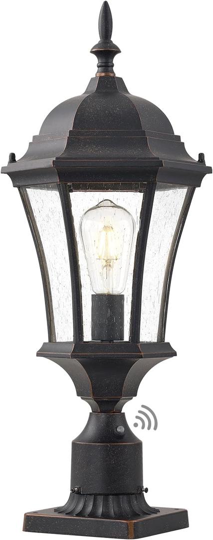 24in Outdoor Post Lights with Dusk to Dawn Sensor Aluminum Large Exterior Post Pier Mount Lantern Antique Bronze Pathway Post Lamp Garden Pole Lantern with Seeded Glass for Yard Garage