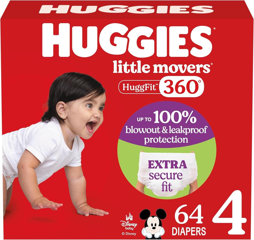 Huggies Size 4 Baby Diapers, Little Movers HuggFit 360 Baby Diapers with 360 Waistband, Size 4 (22-37 lbs), 64 Count 