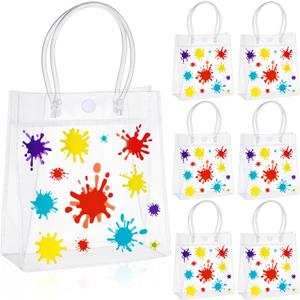 Kolldenn 24 Pcs Art Paint Party Favor Bags Plastic Clear PVC Gift Bags with Handles Colorful Artist Splatter Goodie Candy Bag for Birthday Baby Shower School Classroom Supply 6x6x3inch(Classic)