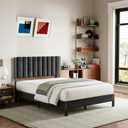 Avenco Queen Size Bed Frame with Velvet Upholstered Piano Keys Headboard, Metal Platform Bed Frame with Metal Slats for Bedroom Furniture, Black