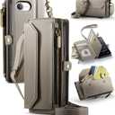 Strapurs Crossbody Wallet Case Compatible with iPhone 17e / iPhone 16e RFID Blocking 7-Card Holder PU Leather Magnetic Snap Shoulder Strap Zipper Pocket Phone Cases for iPhone 17e / 16e - Grey