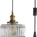 Hanging lamp Plug in Vintage Glass Pendant Light, Small Plug in Pendant Light Cord Clear Striped Glass Shade, Mid Century Modern Hanging Light Cord for Living Room Kitchen Island (Clear)