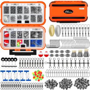 PLUSINNO 253/387pcs Fishing Gear Accessories Kit, Fishing Tackle Box with Tackle Included, Fishing Hooks, Fishing Weights Sinkers, Spinner Blade, Fishing Equipment for Bass Trout Bluegill Crappie