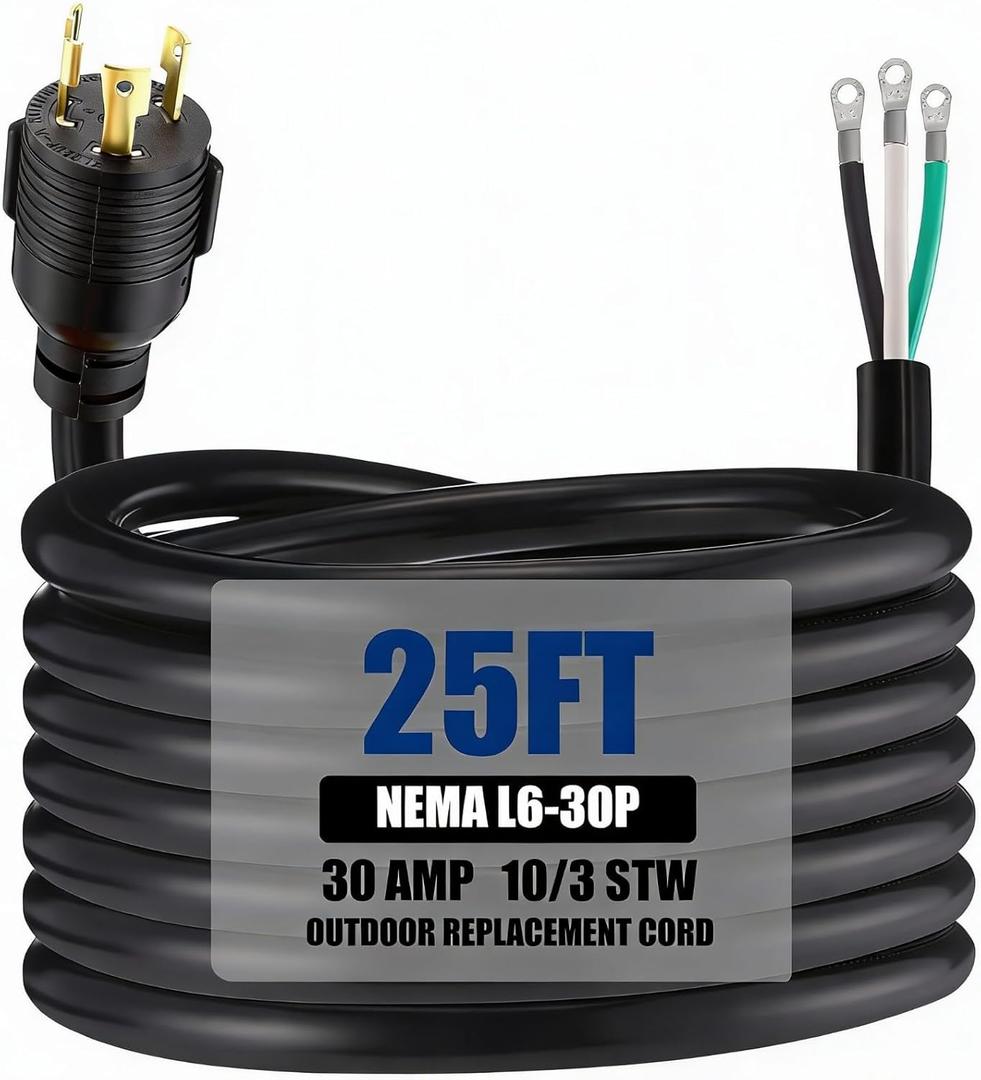 Kanayu 25 ft 10 Awg 3 Prong Replacement Power Cord Compatible with Nema L6-30p, 30 Amp 250v Welder Extension Cord with Open End for Welder Garage Heater Air Compressor, Etl Listed