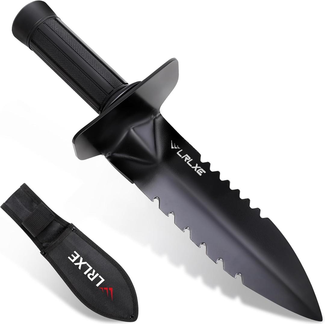 Metal Detector Shovel, Heavy Duty Double Serrated Edge Digging Tool with Belt Loop Sheath, Multifunctional Digger for Metal Detecting, Camping, Gardening, Weeding & Planting