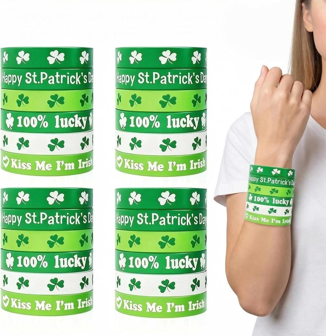 2 x St Patricks Day Accessories, St Patricks Day Silicone Bracelets, 24PCS Shamrock Rubber Bracelets Bulk St. Patrick's Day Party Favors Goodie Bag Stuffers Supplies Green Irish Wristbands