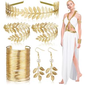 Hicarer 7 Pcs Halloween Greek Athenian Women Costume Accessories for Woman Include Toga Athenian Crown Arm Bracelet Earring