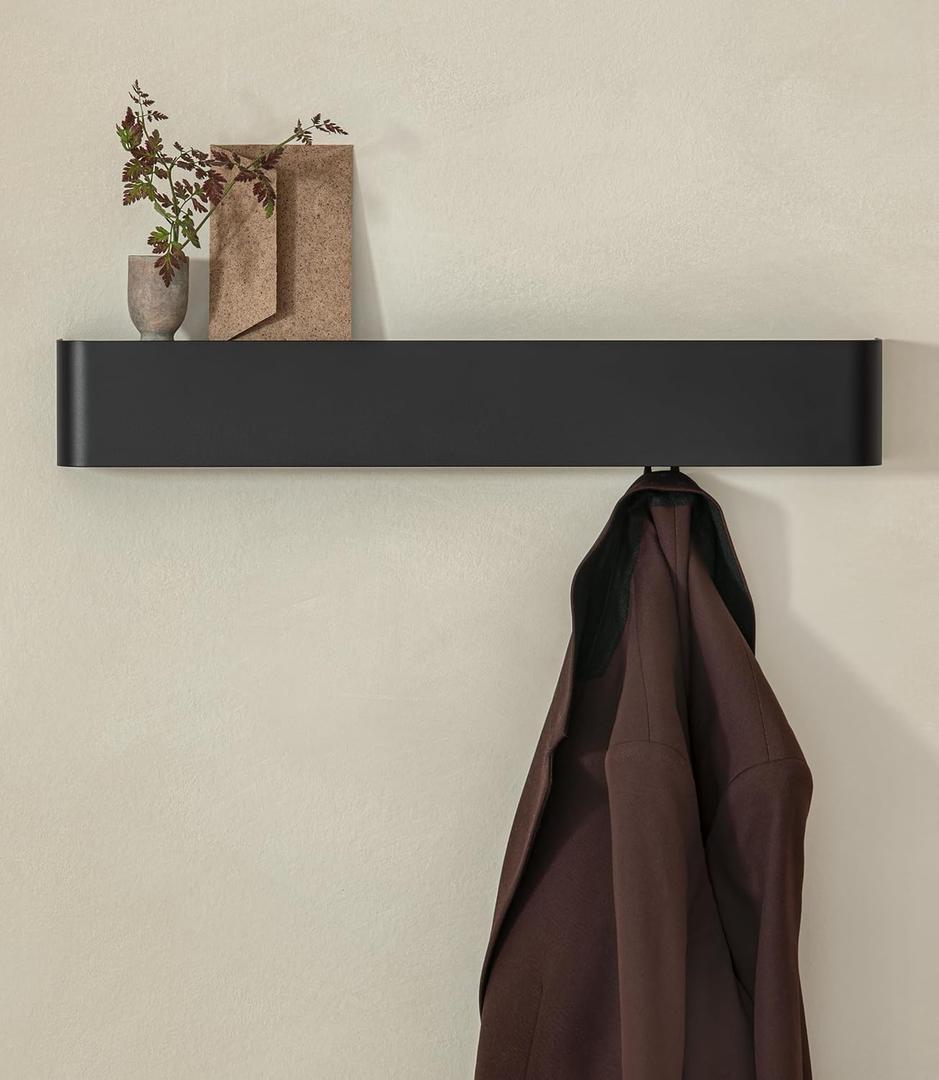 Kazai. Coat Rack Wall Mount with Shelf 'Tone' | Modern Design Coat Hanger with Hidden Hooks and Storage | Hat Rack with Shelf in Metal | Wall-Mounted Purse Organizer | Black
