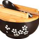 WHJY Black Ceramic Bowl with Lid, Spoon, Chopsticks for Soup, Rice, Noodles, Japanese Traditional Style Tableware