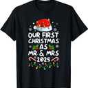 Our First Christmas As Mr Mrs 2025 Matching Couples Pajamas T-Shirt (Large, Black)