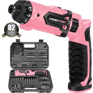 Enertwist Electric Screwdriver, 8V Max 10Nm Pink Cordless Screwdriver Rechargeable Set with 82 Accessory Kit and Charger in Carrying Case, 21+1 Cluth, Dual Position Handle, LED Light