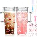 Birity 24oz Pink Bow Glass Cups with Lids and Straws,2 Set Glass Tumbler with Handle,Galss Cup with Stickers and Aesthetic Iced Coffee Cup for Smoothies,Tea,Juice,Boba,Christmas Gifts for Women