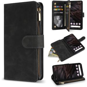 ZZXX for Google Pixel 7A Case Wallet with RFID Blocking Card Slot Premium Soft PU Leather Zipper Flip Folio with Wrist Strap Kickstand Protective Cover for Google 7A Wallet Case(6.1 inch Black)