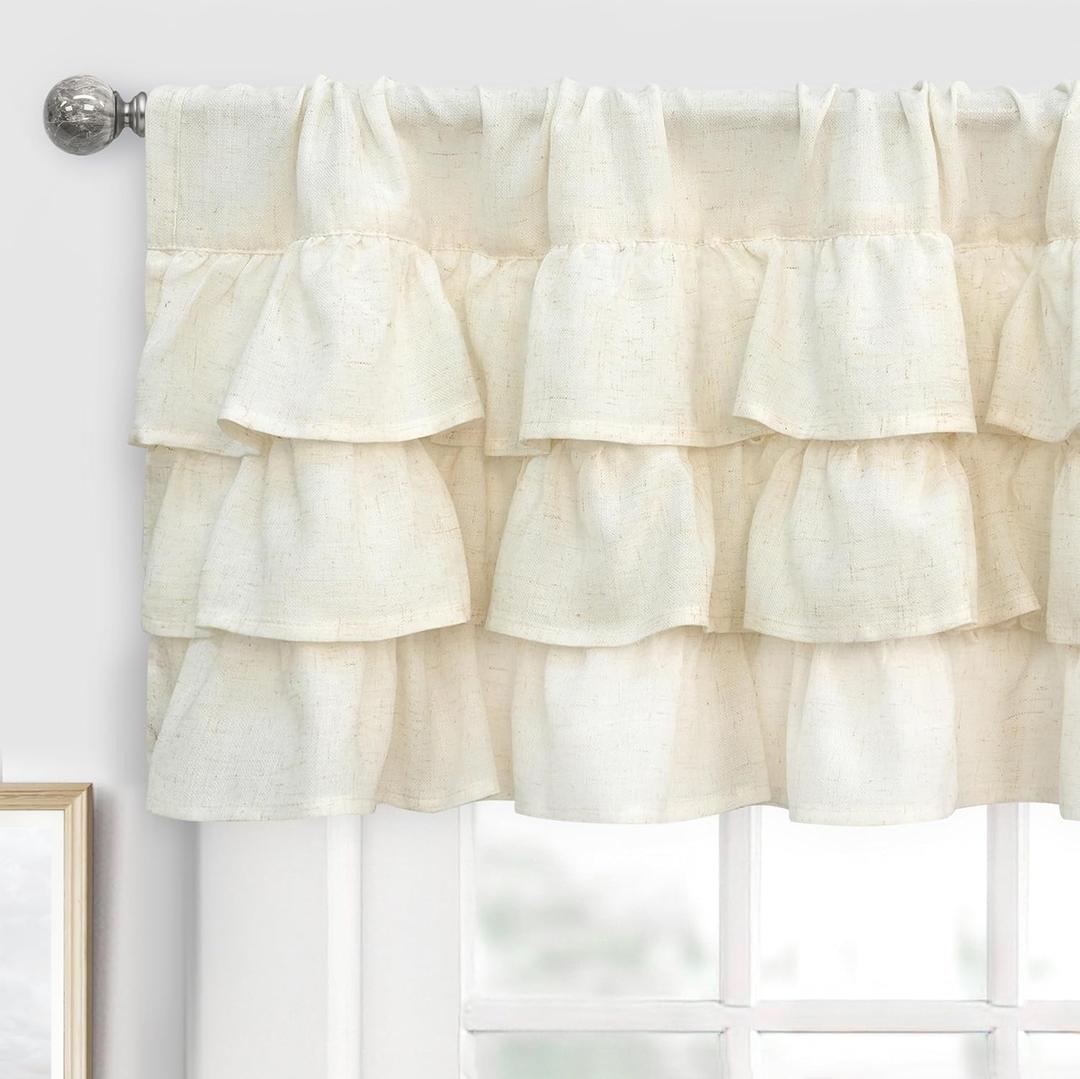 DriftAway Linen Ruffle Sheer Solid White Curtains 18 Inch Valances for Windows Living Room Bedroom Farmhouse Vintage Shabby Chic Light Filtering Rod Pocket Small Window Toppers 1 Panel