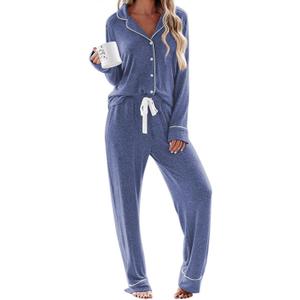 Ekouaer Women's Pajamas Long Sleeve Sleepwear Casual Button Down Loungewear Soft Pjs Set S-XXL (Large, Navy)