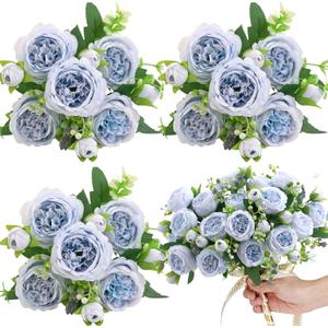 ASTRYAS Artificial Flowers, 3PCS Blue Artificial Fake Peony Flower Silk Peonies Faux Flowers Arrangements Table Centerpieces for Wedding Office Party Home Decoration