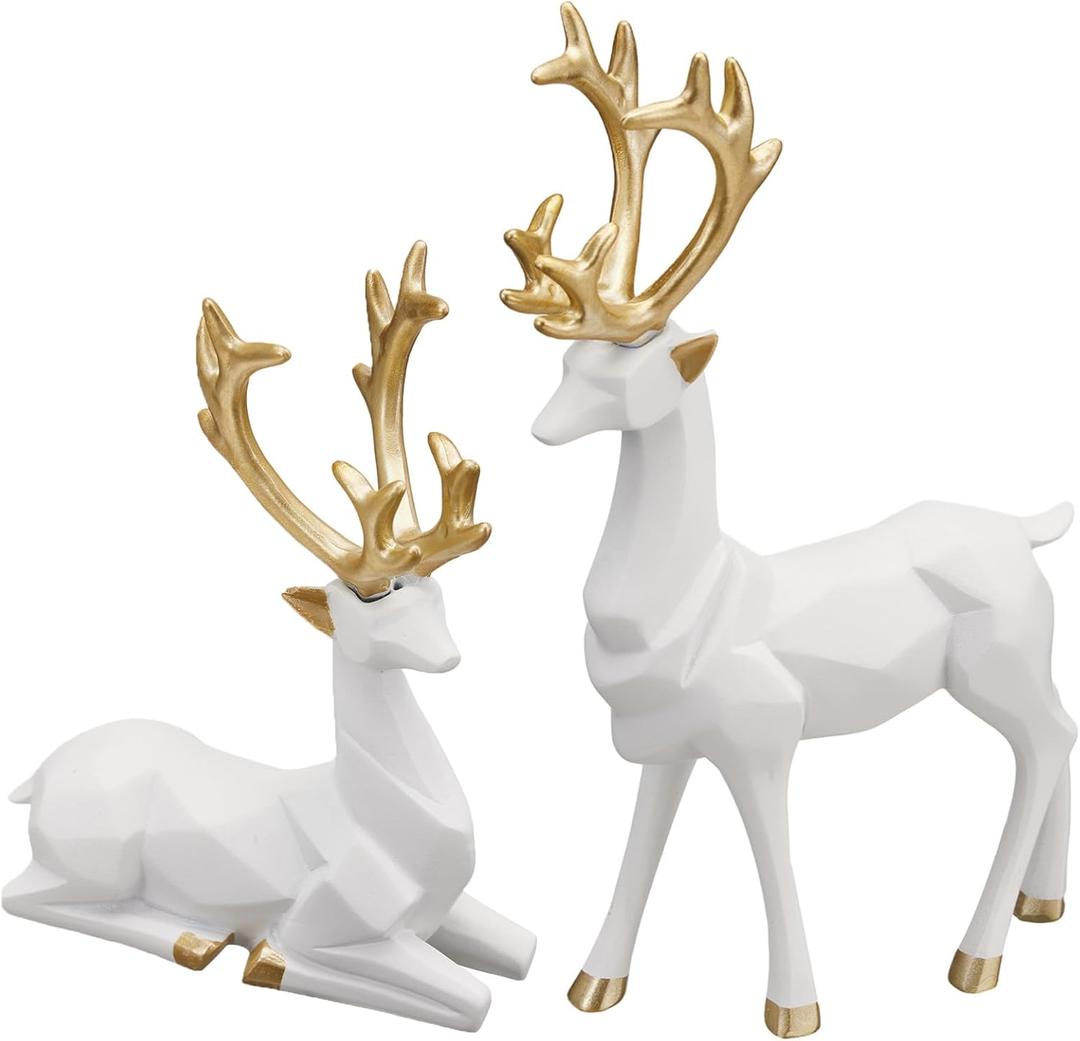 Christmas Decoration 2PCS Reindeer Resin Ornaments Mother Child Deer Couple Deer Sculpture used for Living Room Bookshelf Bedroom Wine Cabinet Decoration to Enhance Atmosphere (3D Geometric White)