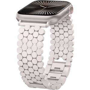 Minyee Compatible with Apple Watch Band Women 41/40/38/44/45/46/49/42mm, Dressy Honeycomb Pretty Adjustable Metal Designer Classy Wristband for iWatch Series 11 10 9 8 7 6 5 4 3 2 1 Ultra SE (Starlight)