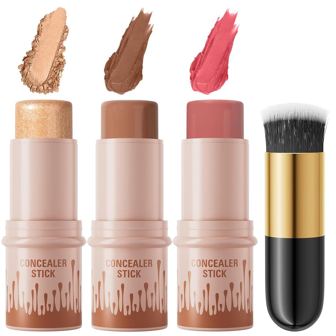 3Pcs Cream Contour Sticks Kit, Highlighter Stick Blush Stick Cream Contour Kit Makeup Set with Brush,Face Brightens & Shades Contour Stick Waterproof for Women 