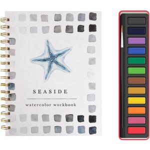 Watercolor workbook,Beginner Watercolor workbook,16-Page Spiral-Bound Water Painting Book,Contains 12 Colors of Paint and a Brush (Ocean)