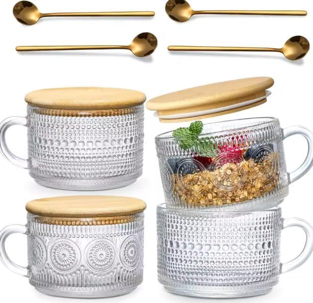 Glass Coffee Mugs with Bamboo Lids and Spoons Set of 4 Clear Embossed Glass Cups for Coffee, Tea, Overnight Oats, Dessert 12oz Aesthetic Kitchen Cups