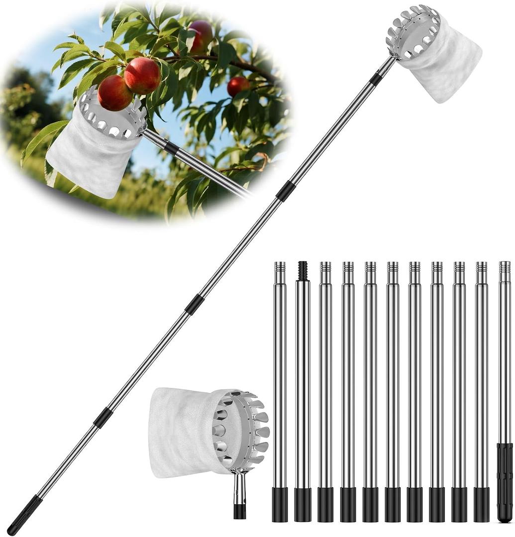 BURMONG 13.8 FT Fruit Picker Tool with Stainless Steel Pole & Soft Basket Adjustable Tree Fruit Harvester for Apple, Mango, Avocado, Orange, Pear, Lemon & More Lightweight & Rust-Resistant