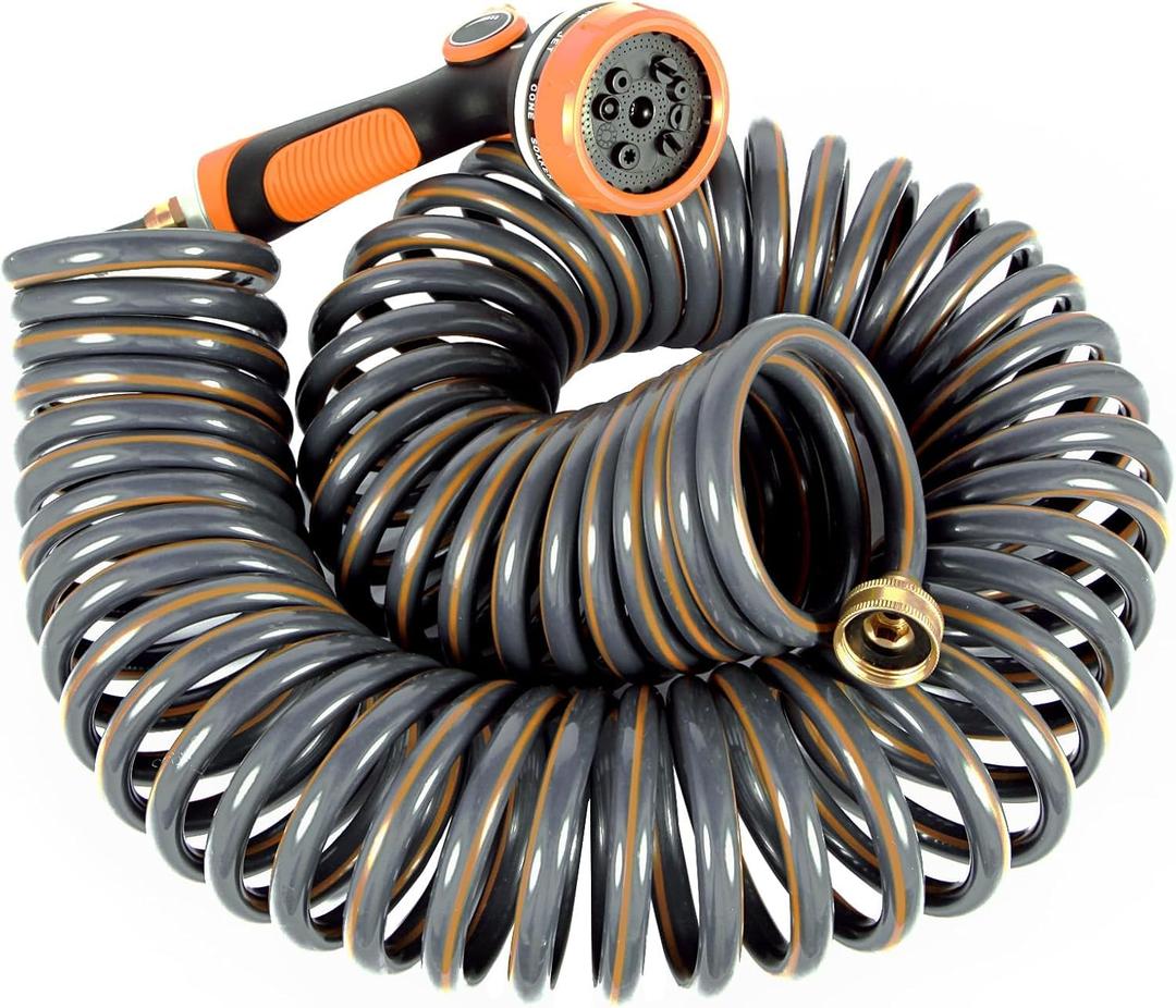 Garden Hose 25 ft Flexible Water Hose Coiled Water Pip Lightweight and No Kink for Coil Hose with 3/4'' Brass Connector 10 Pattern Nozzle (Grey+Orange)