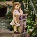 Girl Garden Statue with Solar LED Lights, Solar Girl Welcome Sign with Cat Garden Statue for Outdoor Decor, Porch, Patio, Yard Art Decorations, Polyresin 17.3 inch, 17.3 x 8.9 x 7.1 inches