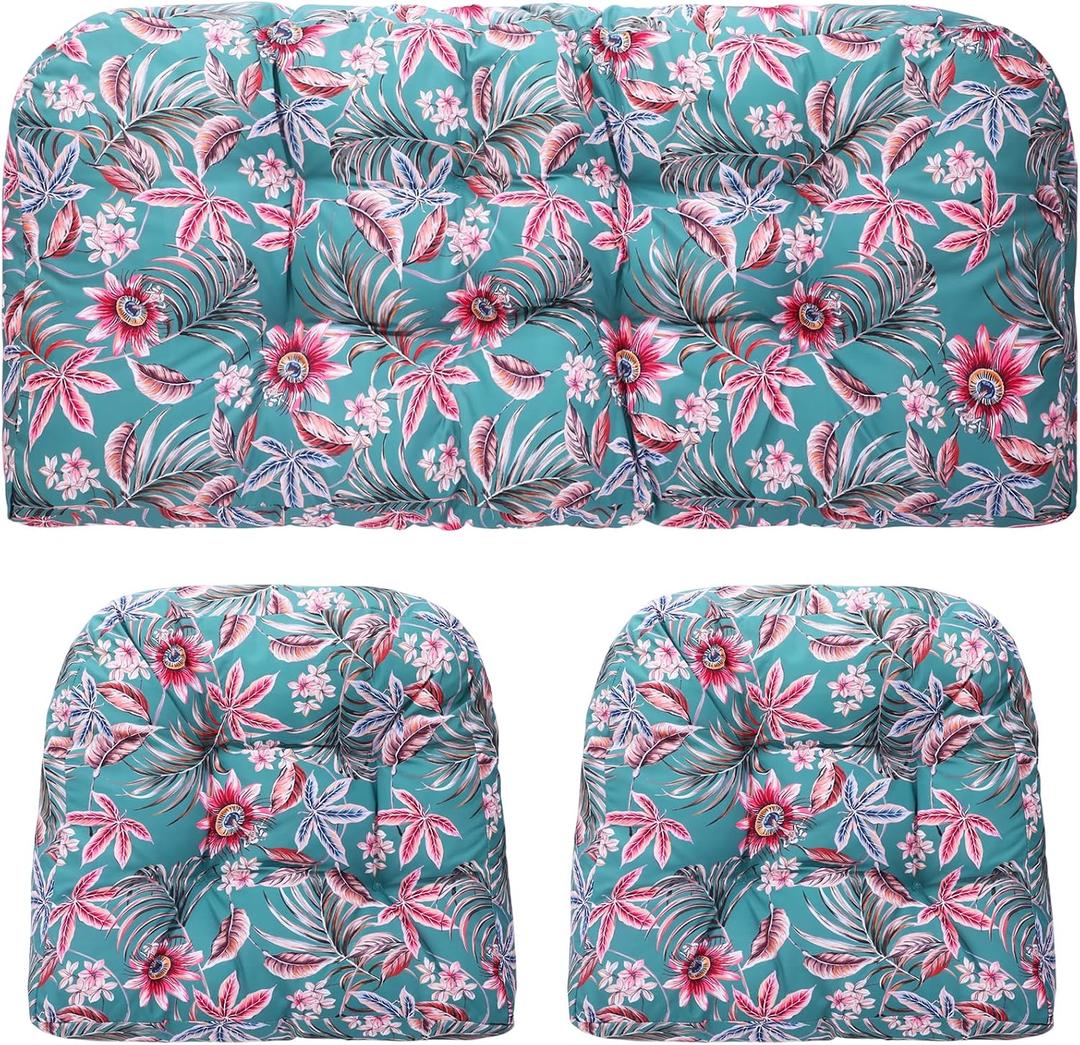 3 Pcs Wicker Chair Outdoor Cushion for Furniture, 1 Loveseat Seat and 2 U-Shape Cushion for Patio Furniture(Tropical Flower), 44 X 19 X 4 Inches