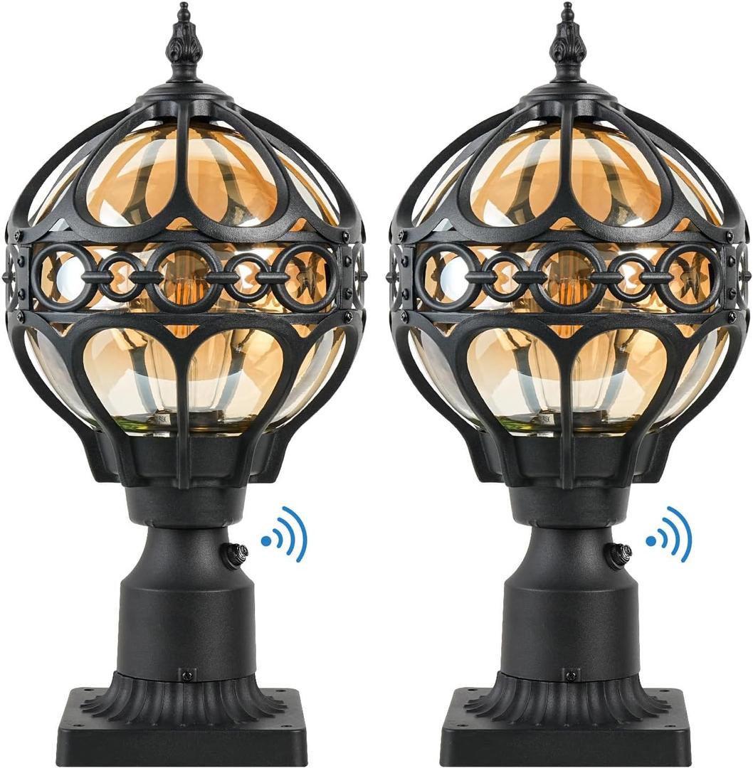 Dusk to Dawn Outdoor Lamp Post Lights, Aluminum Rust-proof Globe Post Light for Porch Front Door Driveway Lawn Garden, Black Sphere Exterior Pillar Light, Hardwired 3" Pier Mount Post Lantern, 2pack, 15.1"-2 Pack