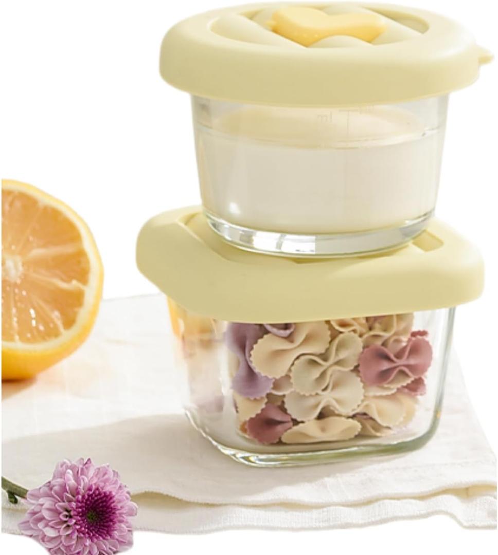 2 Pack 4 OZ Mini Square Glass Food Storage Containers with Lids,Small Food Jars Clear Glass Container with Measurement for Sauce,Snack,Yogurt,Dressing,Dip,Dessert,freezer Microwave Safe (yellow)